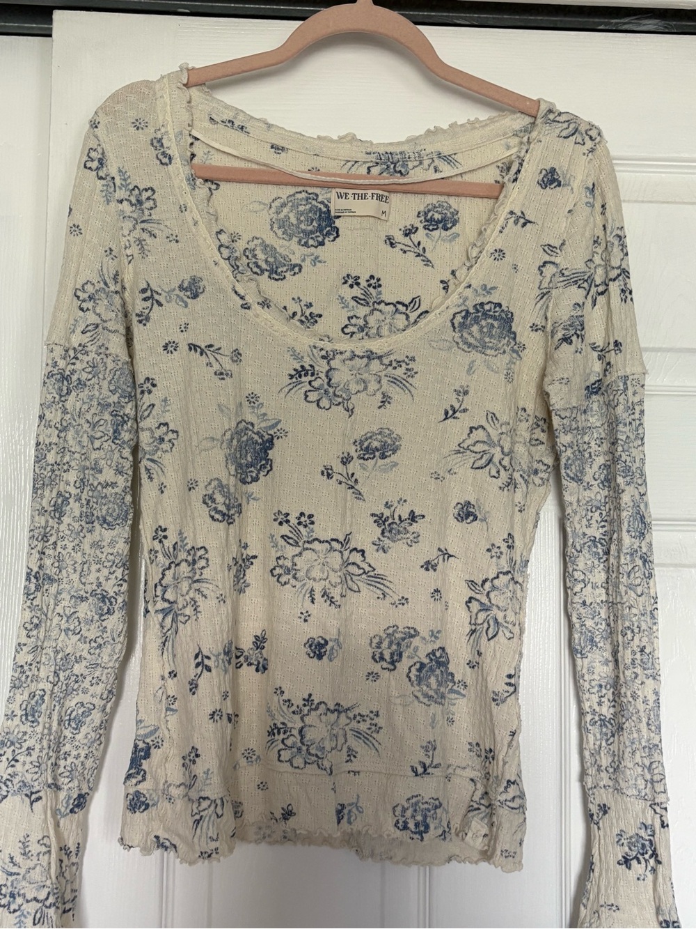 We The Free Cream Long-Sleeve Floral Scoop Neck Top - Blue Print